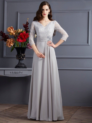 A-Line/Princess V-neck 3/4 Sleeves Applique Long Chiffon Mother of the Bride Dresses