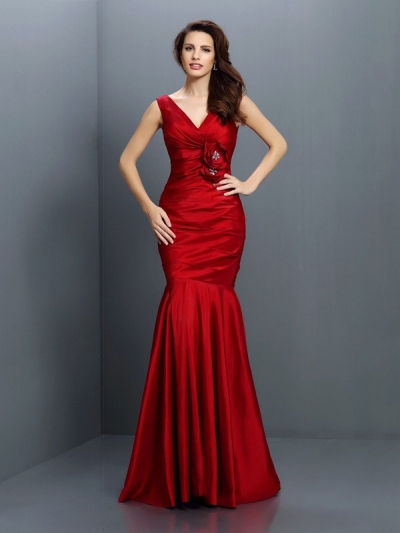 Trumpet/Mermaid V-neck Hand-Made Flower Sleeveless Long Taffeta Bridesmaid Dresses [50393]