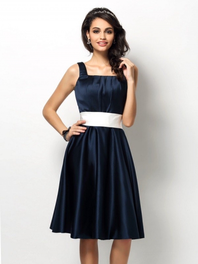 Sheath/Column Square Sash/Ribbon/Belt Sleeveless Short Satin Bridesmaid Dresses [50399]