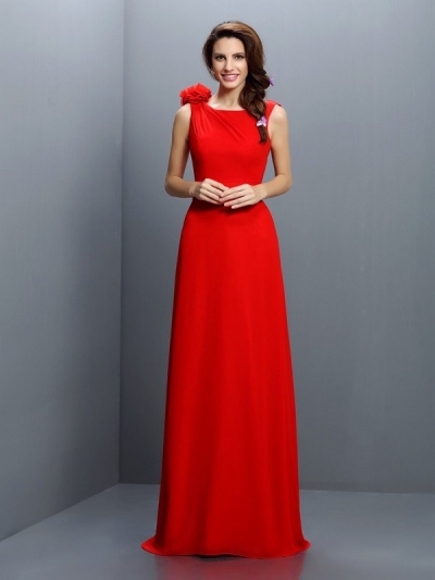 A-Line/Princess Bateau Hand-Made Flower Sleeveless Long Chiffon Bridesmaid Dresses [50480]