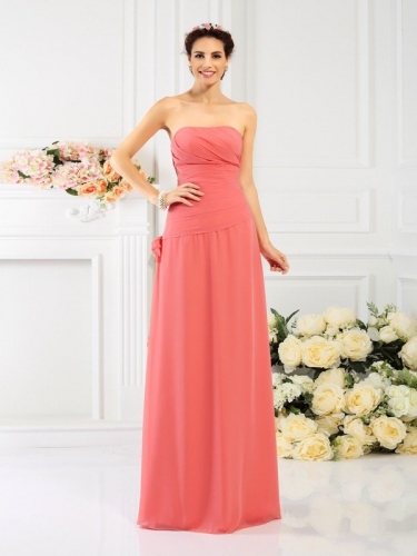 Sheath/Column Strapless Hand-Made Flower Sleeveless Long Chiffon Bridesmaid Dresses