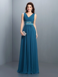 A-Line/Princess V-neck Beading Sleeveless Long Chiffon Bridesmaid Dresses