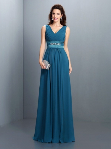 A-Line/Princess V-neck Beading Sleeveless Long Chiffon Bridesmaid Dresses