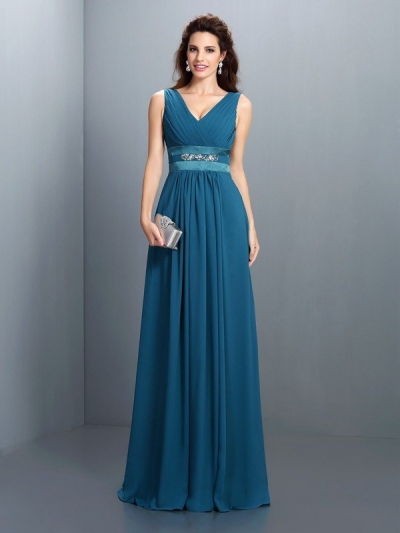 A-Line/Princess V-neck Beading Sleeveless Long Chiffon Bridesmaid Dresses [50509]