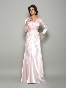 A-Line/Princess V-neck Ruched Long Sleeves Long Silk like Satin Mother of the Bride Dresses