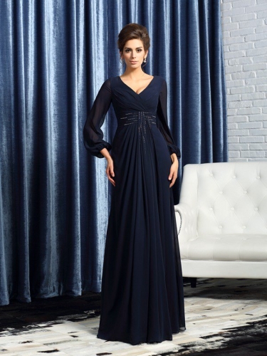 A-Line/Princess V-neck Beading Long Sleeves Long Chiffon Mother of the Bride Dresses