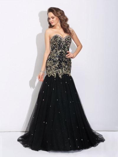 Trumpet/Mermaid Sweetheart Rhinestone Sleeveless Long Satin Dresses [60204]