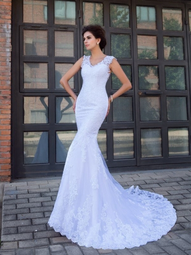 Trumpet/Mermaid V-neck Applique Sleeveless Long Satin Wedding Dresses