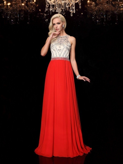 A-Line/Princess Scoop Beading Sleeveless Long Chiffon Dresses