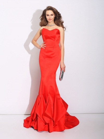 Trumpet/Mermaid Sweetheart Layers Sleeveless Long Satin Dresses [60418]