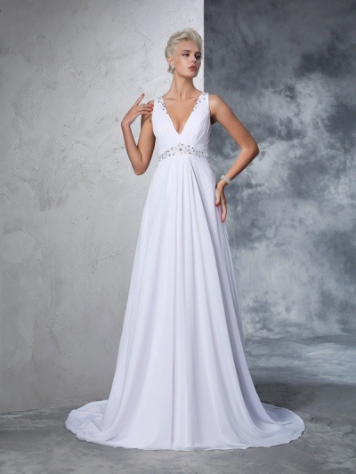 A-Line/Princess V-neck Beading Sleeveless Long Chiffon Wedding Dresses [60665]