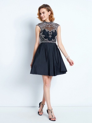 A-Line/Princess Sleeveless High Neck Beading Short/Mini Satin Dresses