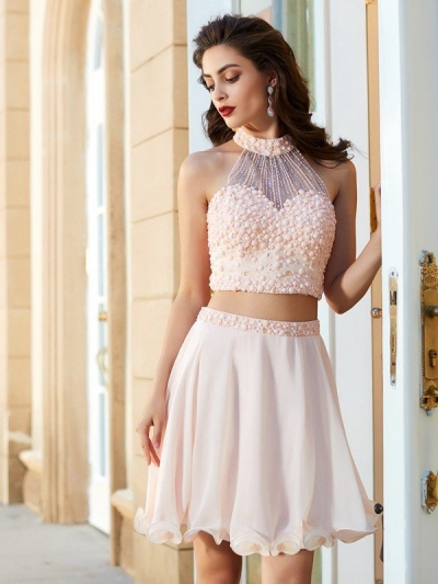 A-Line/Princess Halter Beading Sleeveless Chiffon Short/Mini Two Piece Dresses [63034]