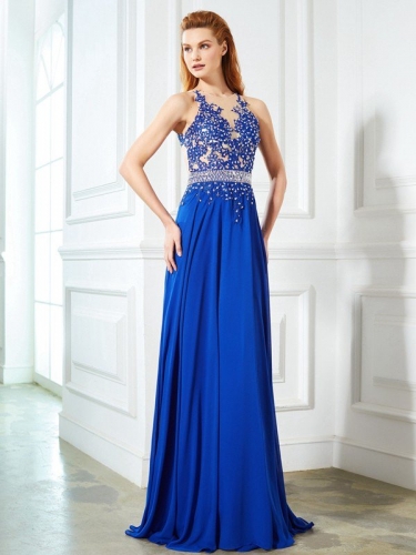 A-Line/Princess Sleeveless Sheer Neck Chiffon Applique Sweep/Brush Train Dresses