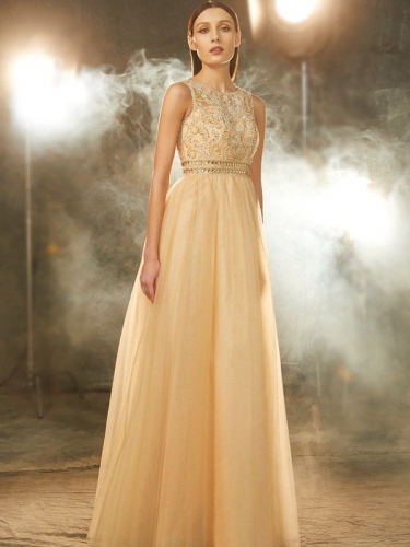 A-Line/Princess Scoop Beading Sleeveless Floor-Length Tulle Dresses