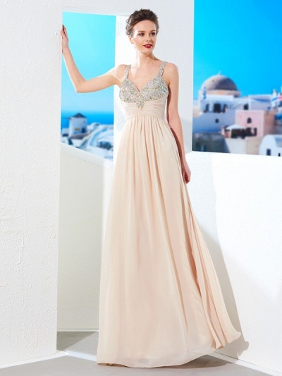 A-Line/Princess Spaghetti Straps Beading Floor-Length Chiffon Dresses