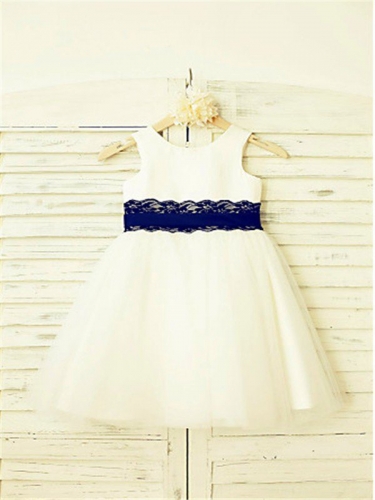 A-line/Princess Scoop Sleeveless Lace Tea-Length Tulle Flower Girl Dresses