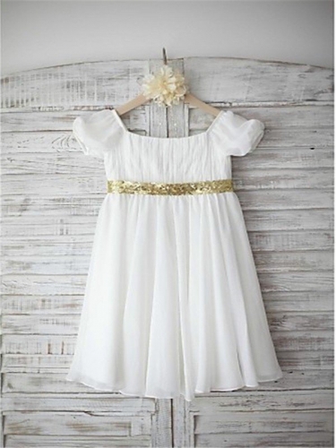 A-line/Princess Bateau Short Sleeves Beading Floor-Length Chiffon Flower Girl Dresses