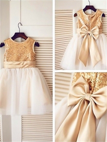 A-line/Princess Sleeveless Scoop Sequin Tea-Length Tulle Flower Girl Dresses