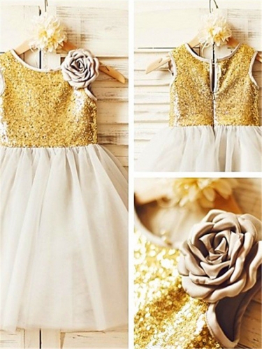 A-line/Princess Scoop Sleeveless Tea-Length Sequin Tulle Flower Girl Dresses