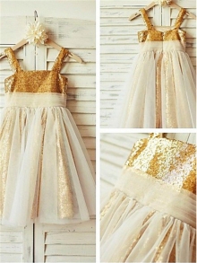 A-line/Princess Spaghetti Straps Sleeveless Ruffles Floor-Length Sequins Flower Girl Dresses