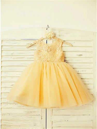 A-line/Princess Scoop Sleeveless Lace Floor-Length Tulle Flower Girl Dresses