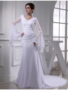 Trumpet/Mermaid Beading V-neck Chiffon Long Wedding Dresses