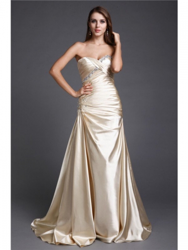 A-Line/Princess Sweetheart Beading Sleeveless Long Elastic Woven Satin Dresses