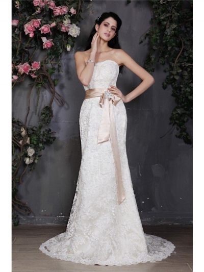 Sheath/Column Strapless Sleeveless Sash Long Lace Wedding Dresses [N13ZYDRESS159]