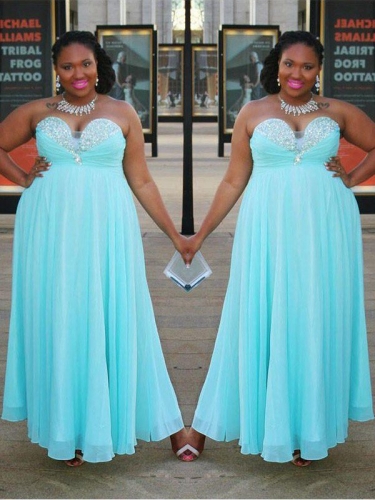 A-Line/Princess Sweetheart Sleeveless Beading Floor-Length Chiffon Plus Size Dresses