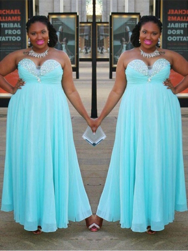 A-Line/Princess Sweetheart Sleeveless Beading Floor-Length Chiffon Plus Size Dresses