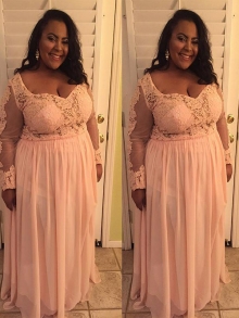A-Line/Princess Sweetheart Long Sleeves Applique Floor-Length Chiffon Plus Size Dresses