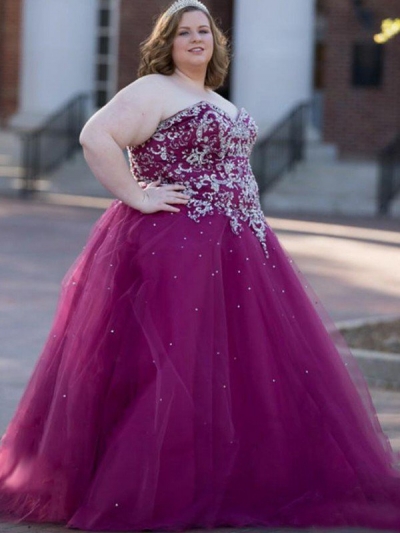 Ball Gown Sweetheart Sleeveless Beading Floor-Length Tulle Plus Size Dresses