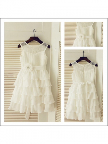 A-Line/Princess Scoop Sleeveless Layers Long Chiffon Flower Girl Dresses