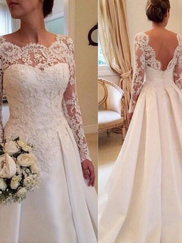 Ball Gown Scoop Long Sleeves Lace Court Train Satin Wedding Dresses