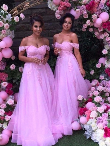 A-Line/Princess Off-the-Shoulder Sleeveless Floor-Length Applique Tulle Bridesmaid Dresses