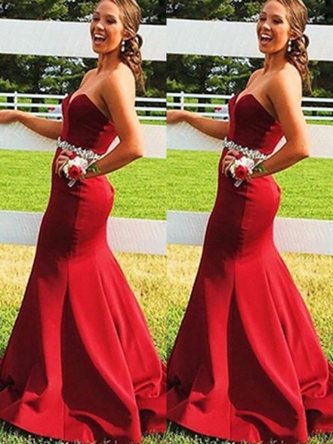 Trumpet/Mermaid Sleeveless Sweetheart Satin Beading Sweep/Brush Train Dresses