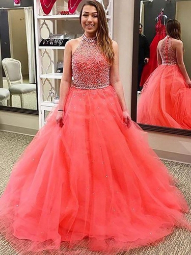 Ball Gown Sleeveless Halter Beading Floor-Length Tulle Dresses