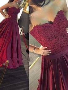 A-Line/Princess Sweetheart Sleeveless Lace Satin Floor-Length Dresses