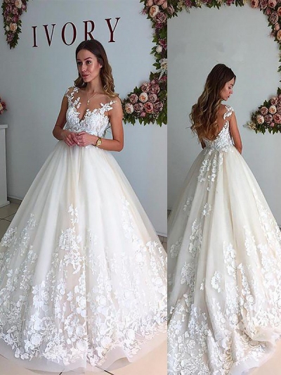 A-Line/Princess V-neck Court Train Tulle Sleeveless Wedding Dresses [PON1506EV987]