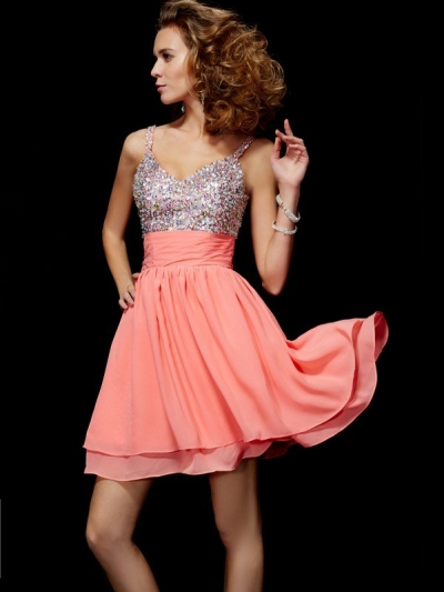 A-Line/Princess V-neck Sleeveless Beading Short Chiffon Homecoming Dresses [40002]