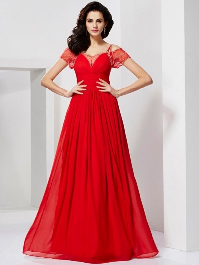 A-Line/Princess Spaghetti Straps Short Sleeves Ruffles Long Chiffon Dresses [40191]