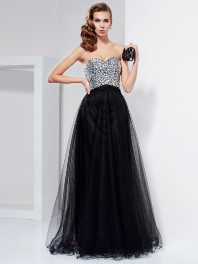 A-Line/Princess Sweetheart Sleeveless Beading Crystal Long Elastic Woven Satin Dresses [40202]