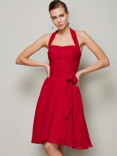 A-Line/Princess Halter Sleeveless Pleats Bowknot Short Chiffon Bridesmaid Dresses [40235]