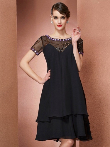 A-Line/Princess Scoop Short Sleeves Beading Short Chiffon Mother of the Bride Dresses