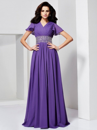 A-Line/Princess V-neck Short Sleeves Beading Long Chiffon Dresses [40276]