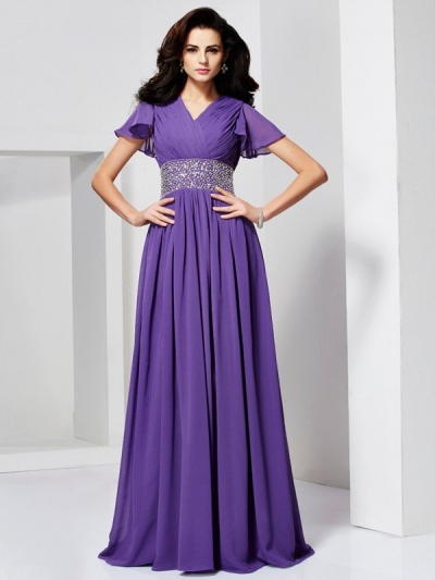 A-Line/Princess V-neck Short Sleeves Beading Long Chiffon Dresses