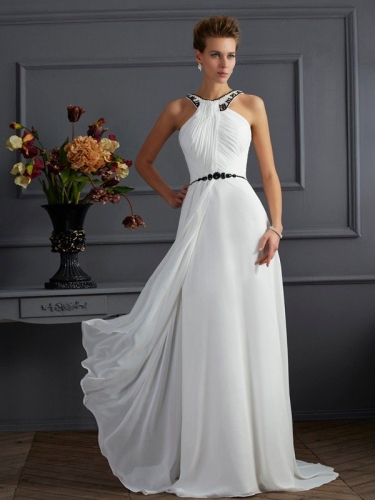 A-Line/Princess High Neck Sleeveless Beading Long Chiffon Dresses