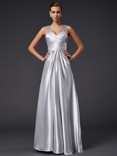 A-Line/Princess V-neck Sleeveless Beading Long Elastic Woven Satin Dresses