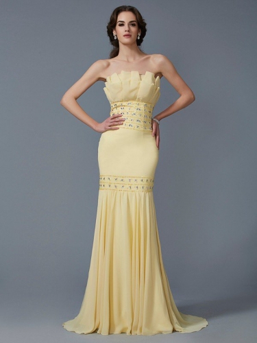 Trumpet/Mermaid Strapless Sleeveless Beading Long Chiffon Dresses